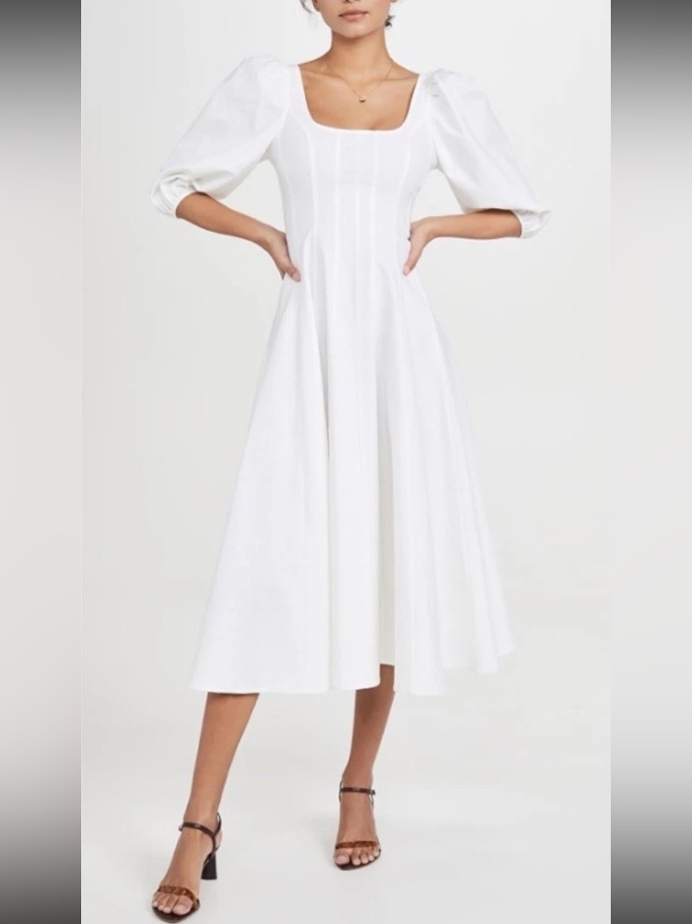 Staud Swells Midi in White Cotton/Linen Seamed Fit & Flare Dress 8 *READ*